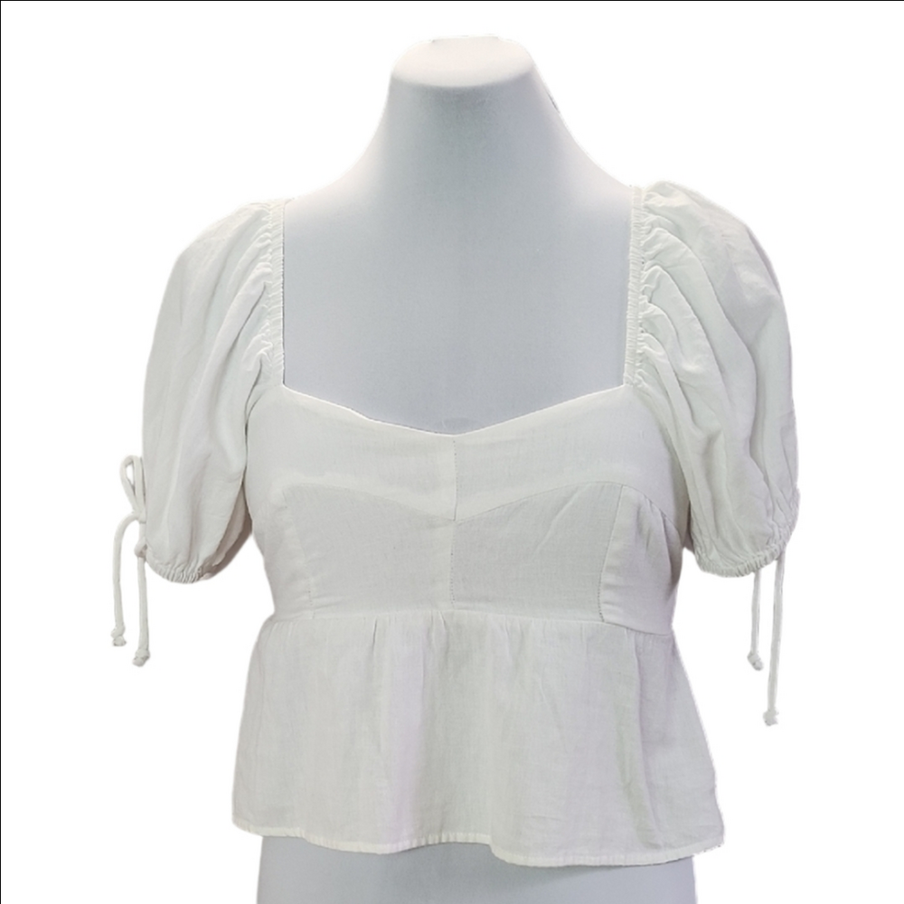 NWT SIM & SAM off white linen blend puff sleeve crop top